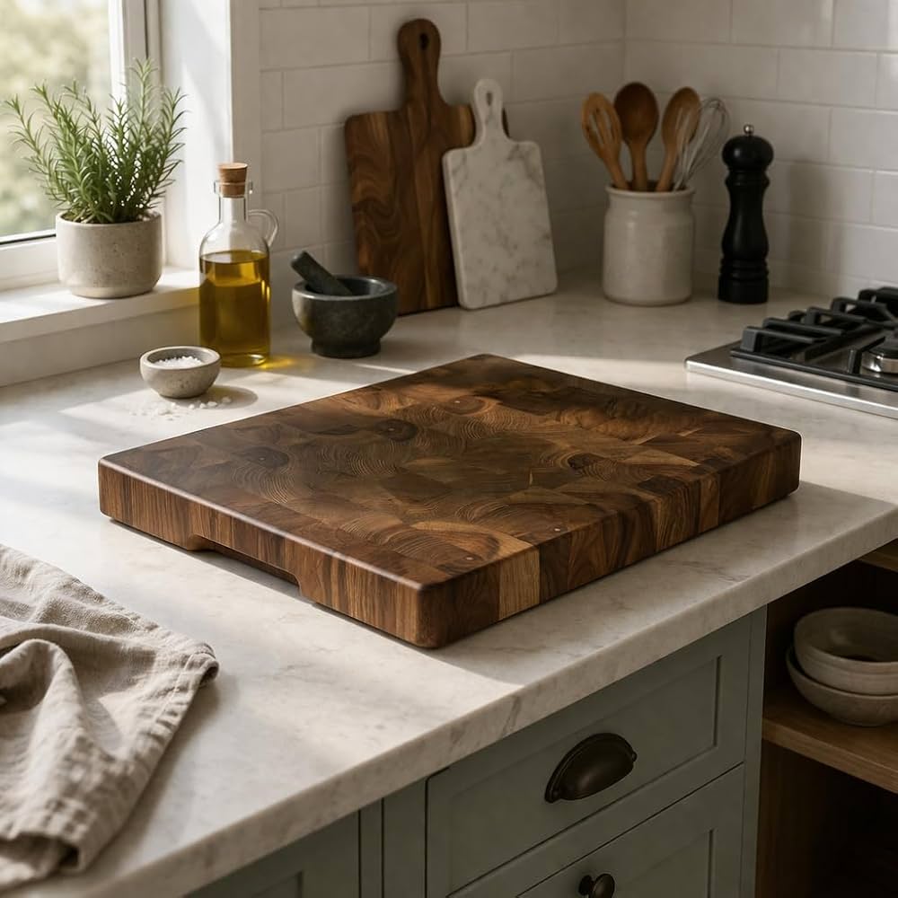 Premium El Yapımı Masif Ceviz End Grain Kesme Tahtası (40x30x4 cm) – Bıçak Dostu Kalın Kasap Blok & Sunum Tahtası