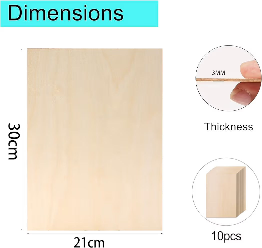 10 adet kontrplak 3 mm, kontrplak A4, 30 x 21 cm ahşap plaka, kendin yap ahşap işleri, lazer işleme, yakma boyama, model yapımı, dekorasyon, tablo için ahşap plakalar (A4 - 300 x 210 x 3 mm)